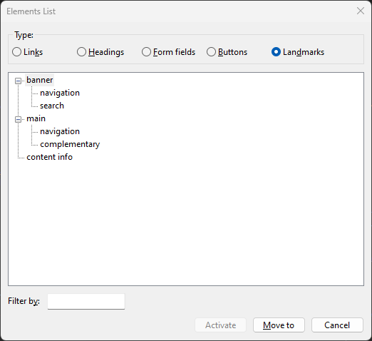 A screenshot of the NVDA Elements List dialog